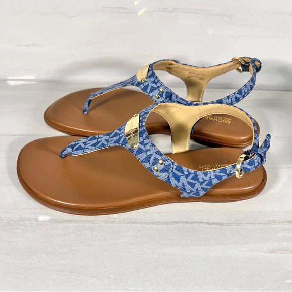 Michael Kors Plate Flat Thong Sandal Blue Denim Monogram Womens Size 8 - Picture 6 of 12